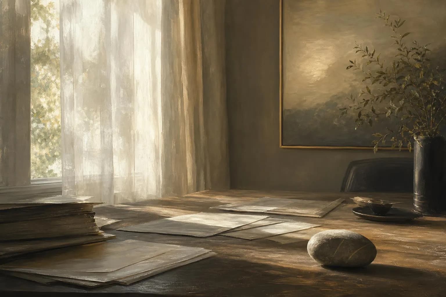 Soft impressionistic study of a quiet desk with light and contemplative stillness