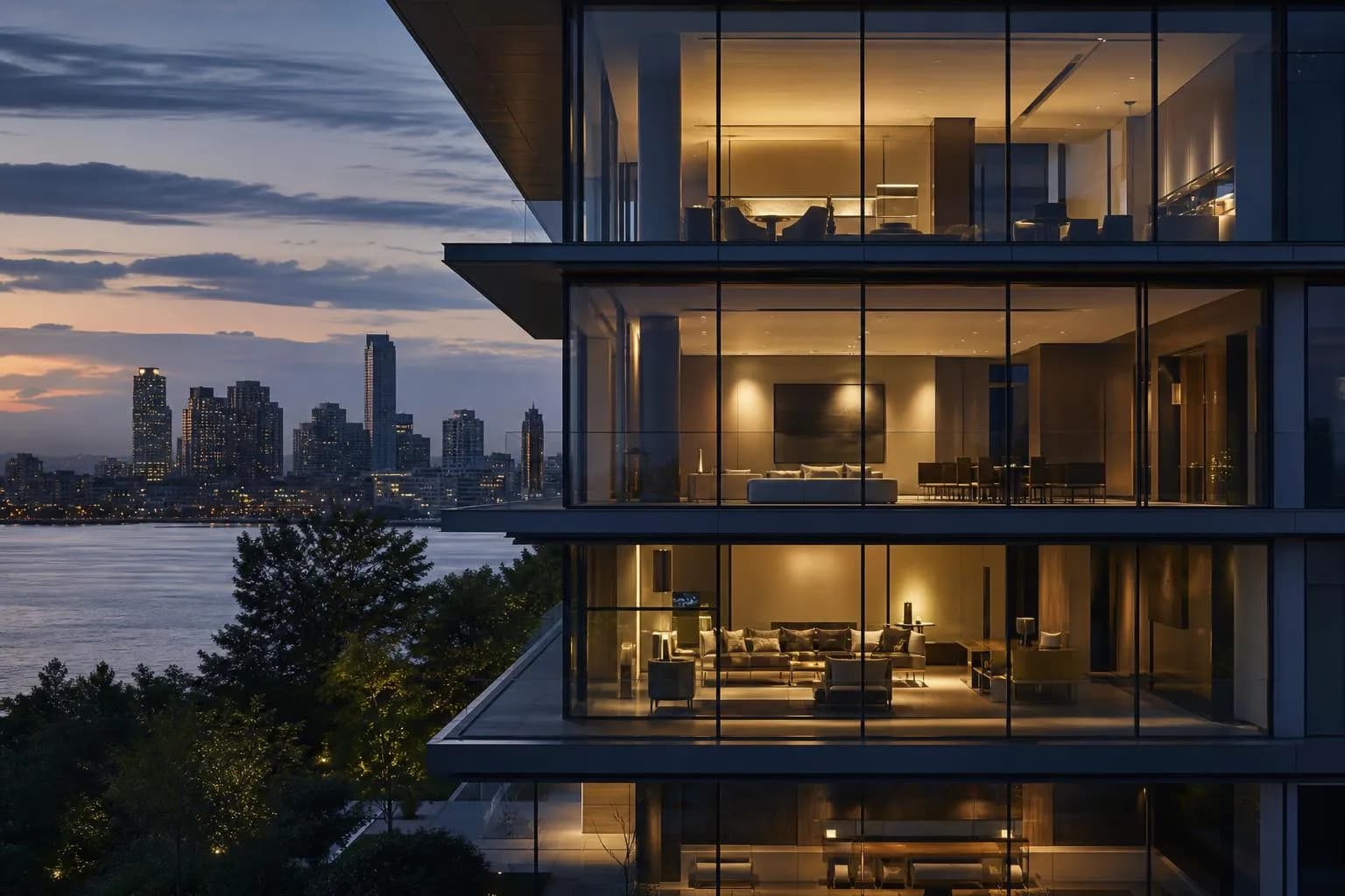 Modern glass building exterior at dusk with layered interior spaces, some bright and some dark, suggesting hierarchical division.