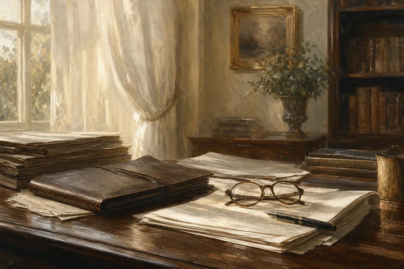 Sunlit study with papers and documents, painted in muted impressionistic tones