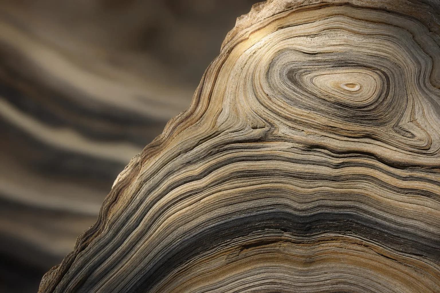 Close-up of tree rings or layered stone showing concentric detail, symbolizing depth and careful examination.
