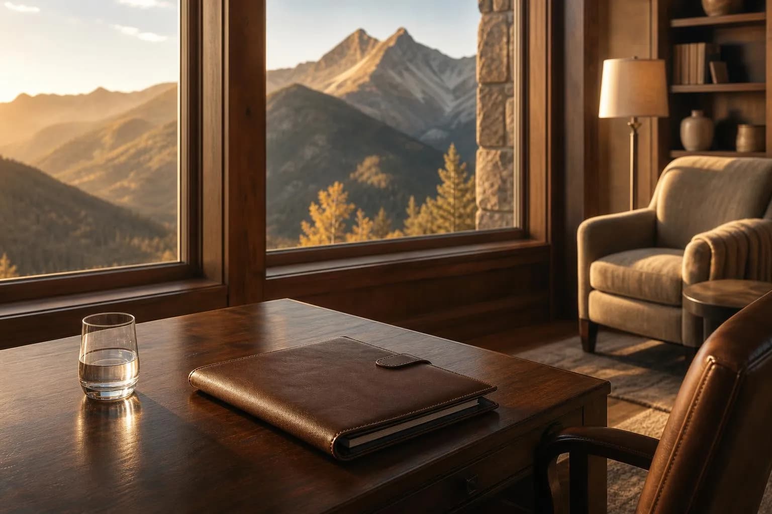 Sunlit mountain lodge study with leather portfolio and distant peaks visible through windows at golden hour.