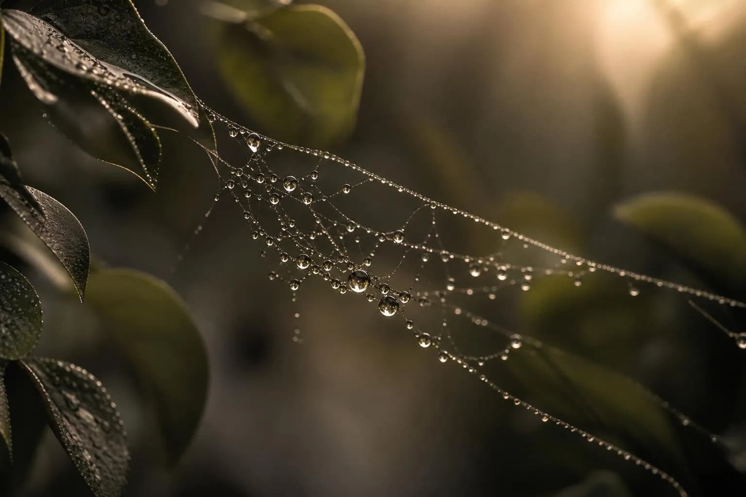 Dewdrops on a spider web between leaves, soft morning light, shallow focus.