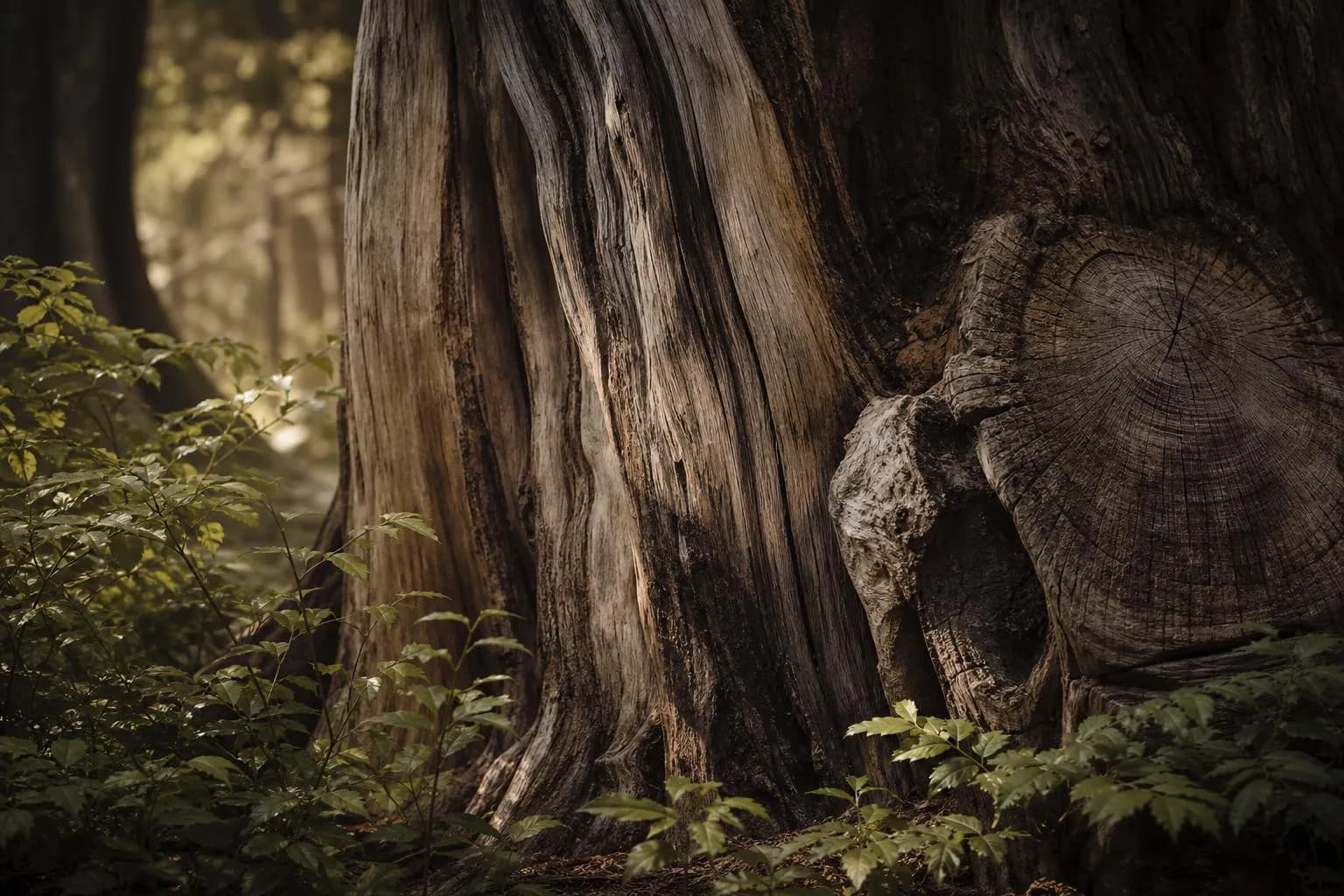 Ancient tree trunk with textured bark and surrounding new growth in soft natural light.