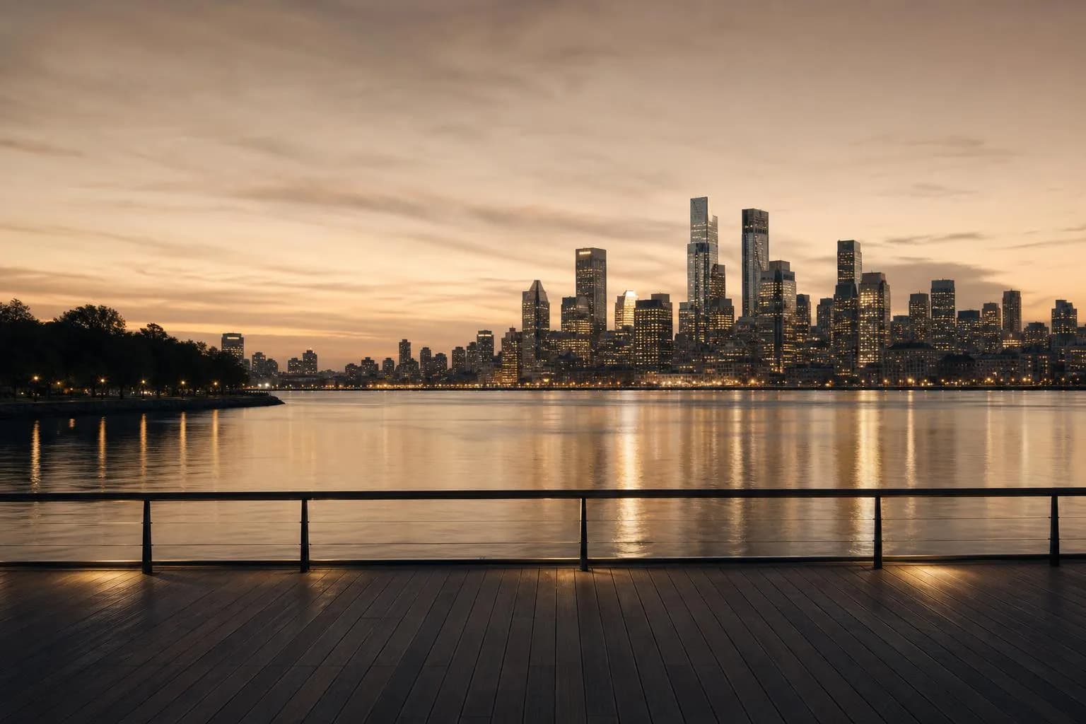 Distant city skyline reflected in still water at dusk, viewed from a quiet waterfront.