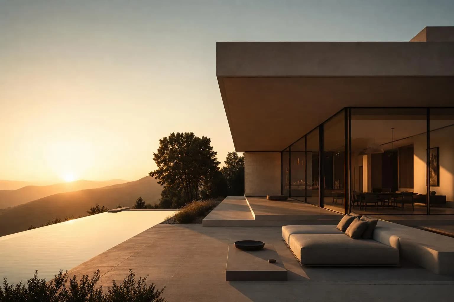 Modernist villa exterior with geometric forms and sharp shadows at golden hour.