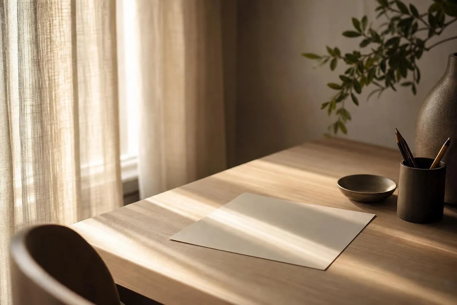 Soft sunlight through sheer curtains casting gentle shadows on a minimal workspace.