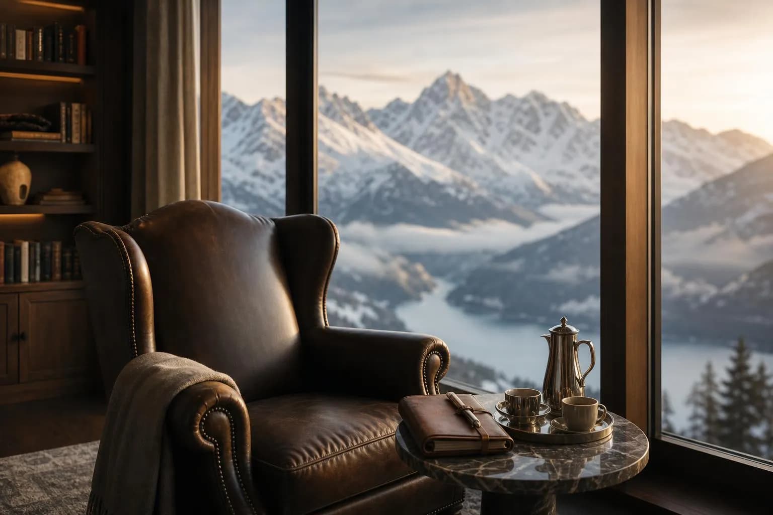 Alpine lodge interior at dawn with snow-capped mountains visible through windows, leather chair, coffee service.