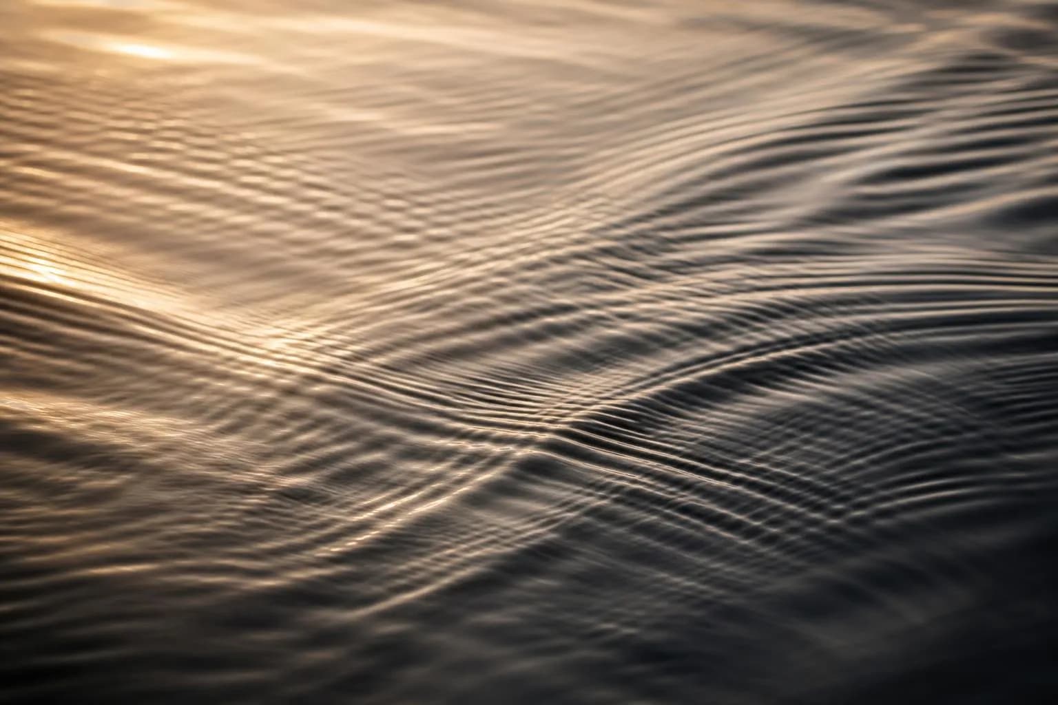 Close-up of rippling water surface with intersecting wave patterns in soft light