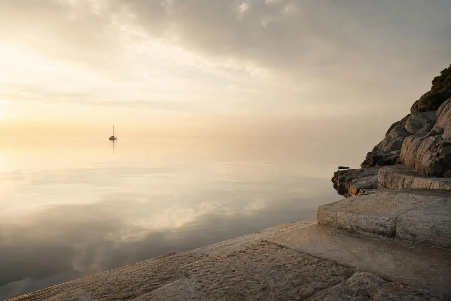 Calm coastal waters at dawn with a distant sailboat, weathered stone steps in foreground, soft mist