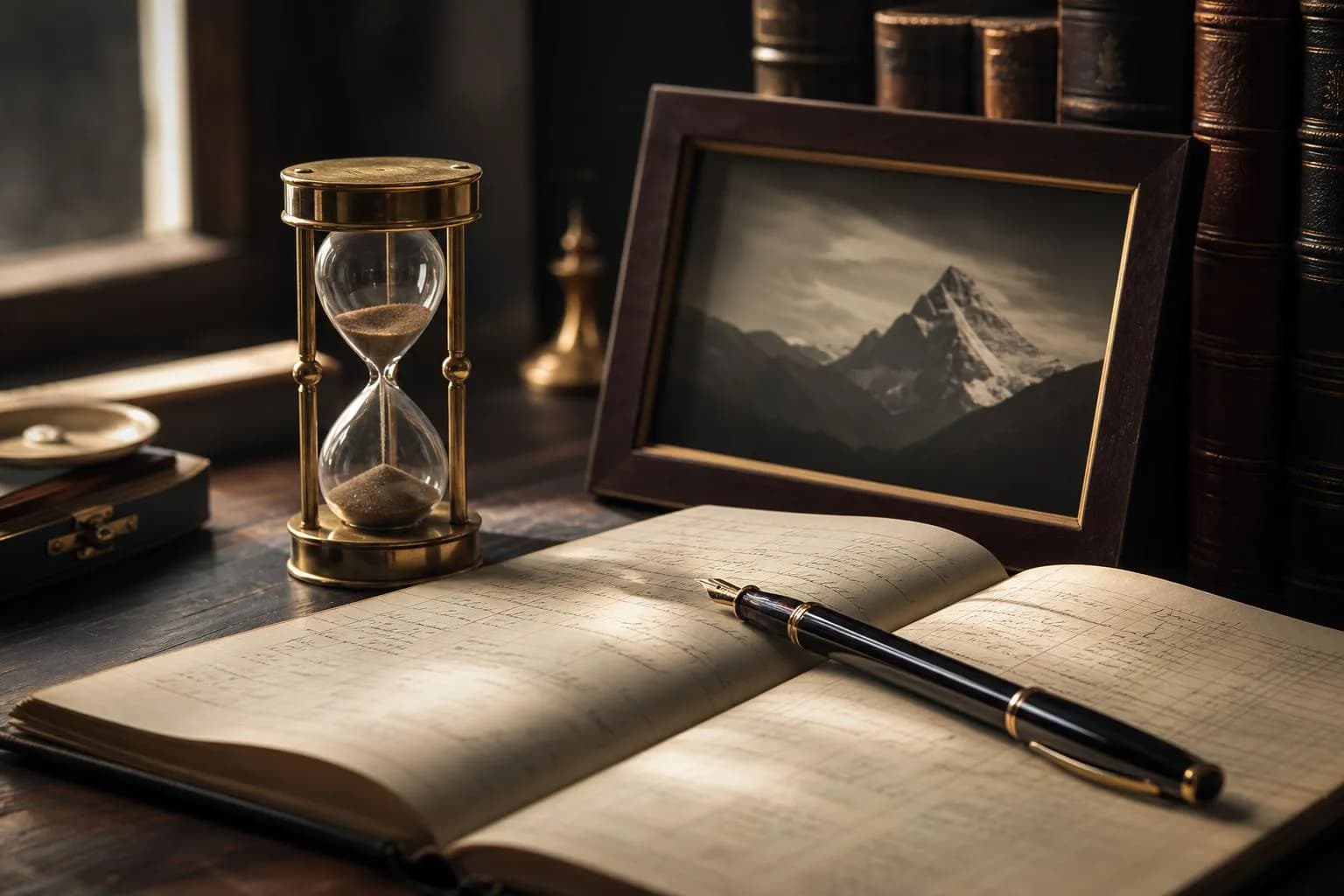 Still life of ledger, pen, hourglass, and mountain photo on wooden desk with dramatic side-lighting