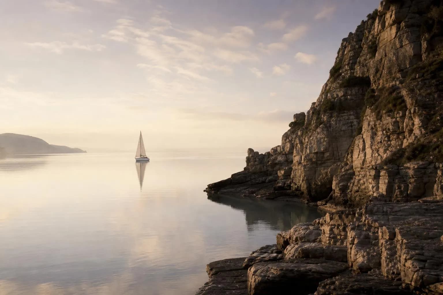 Calm coastal water at dawn with a distant sailboat and silent cliffs under overcast light