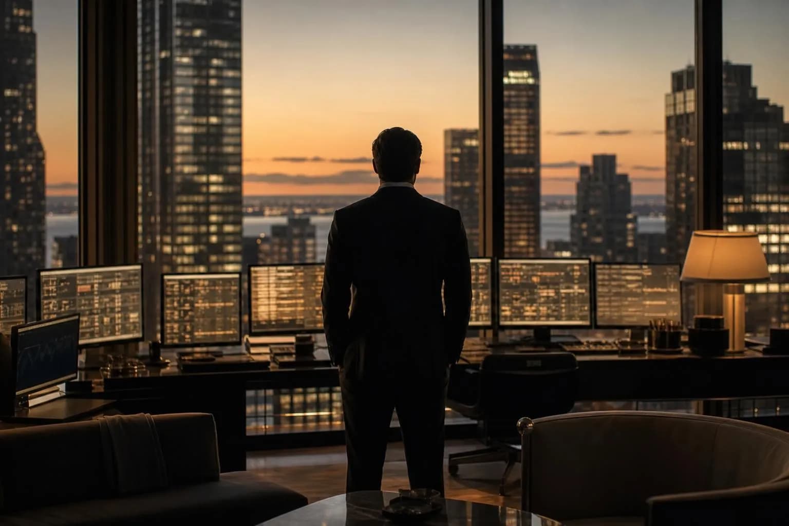 Silhouette of figure facing illuminated screens in contemplative moment.