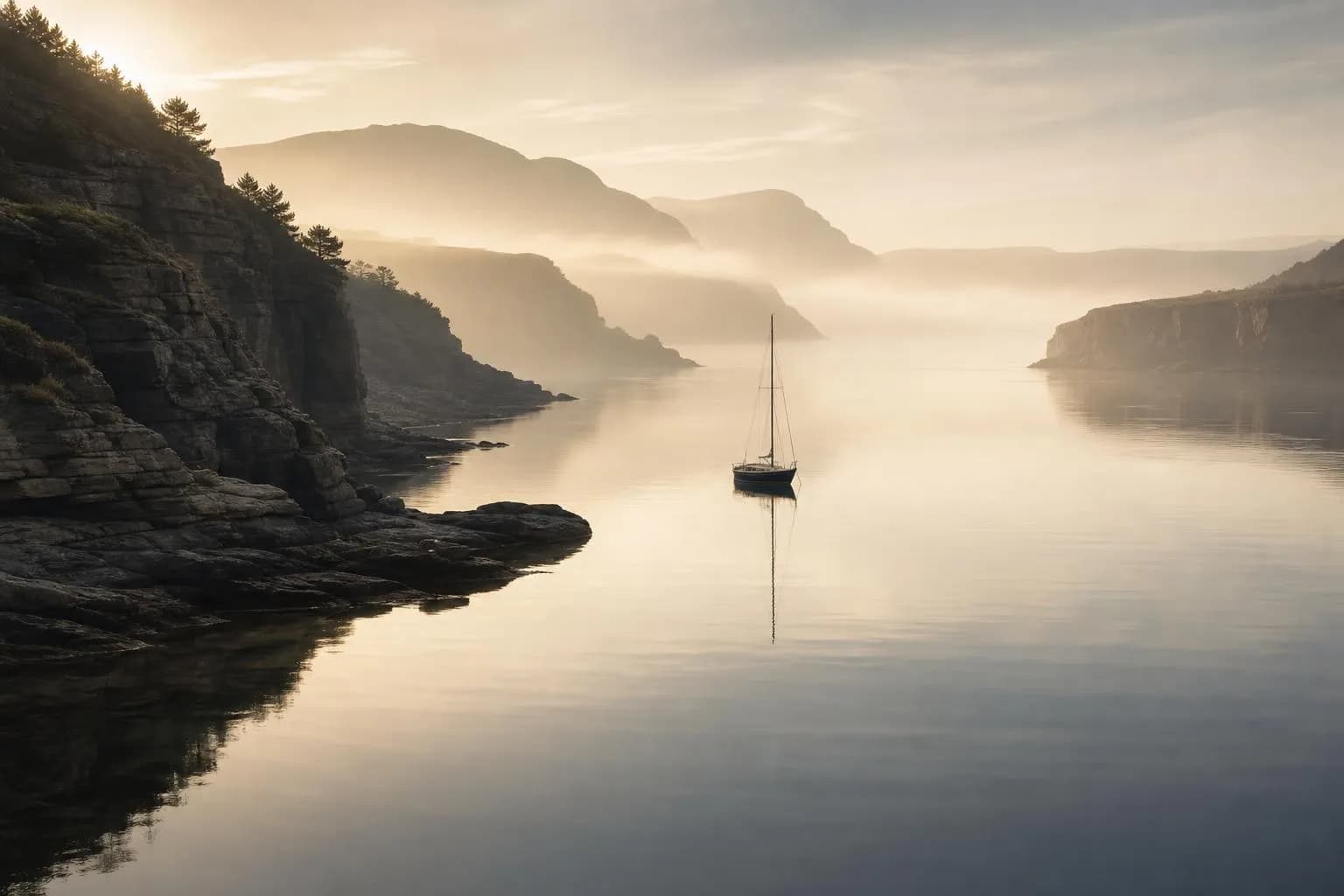 A sailboat on still water at dawn, surrounded by layered coastal formations and mist.