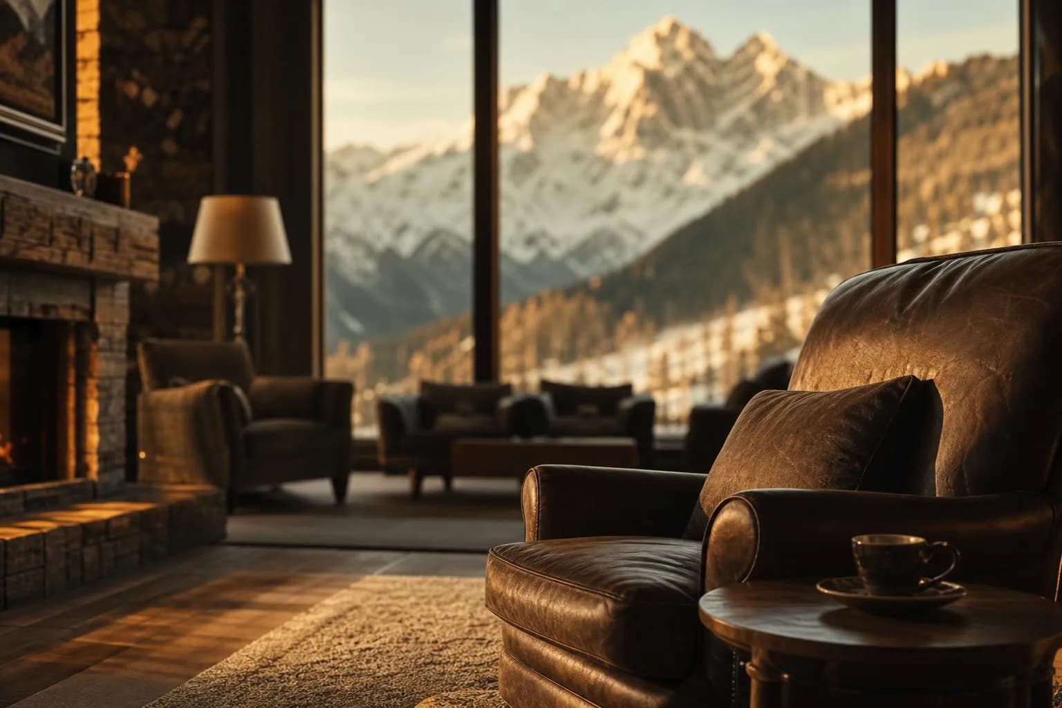 Alpine lodge interior with mountain views, warm light, leather chair, tea.