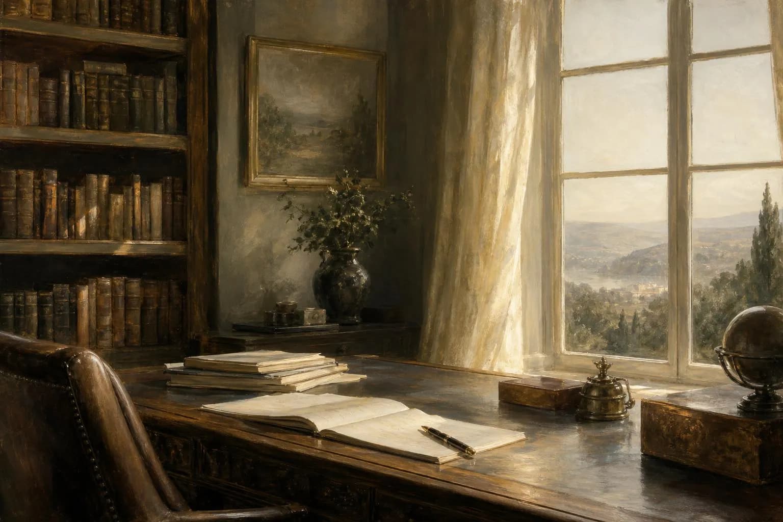A softly painted study with books, desk, and distant landscape in muted light