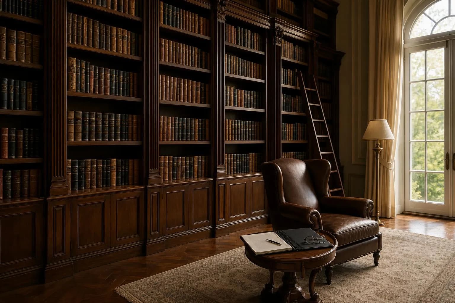 Quiet library interior with leather chair, financial volumes, and afternoon light through tall window