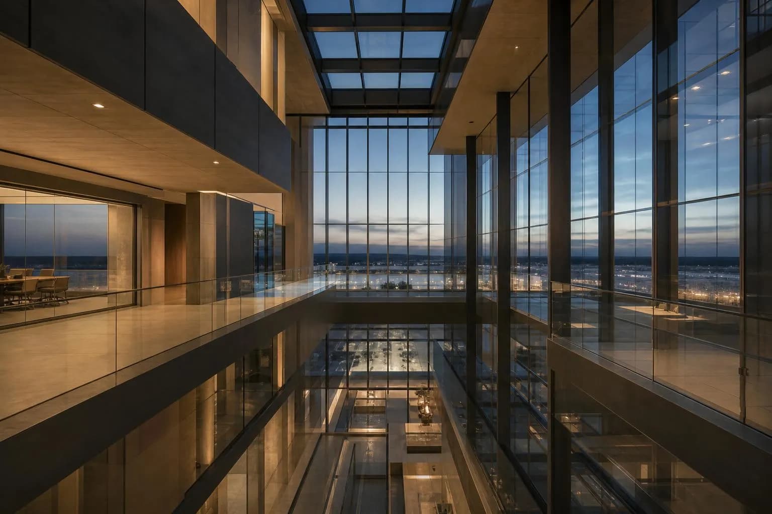 Modern glass atrium with geometric steel framework and layered transparency