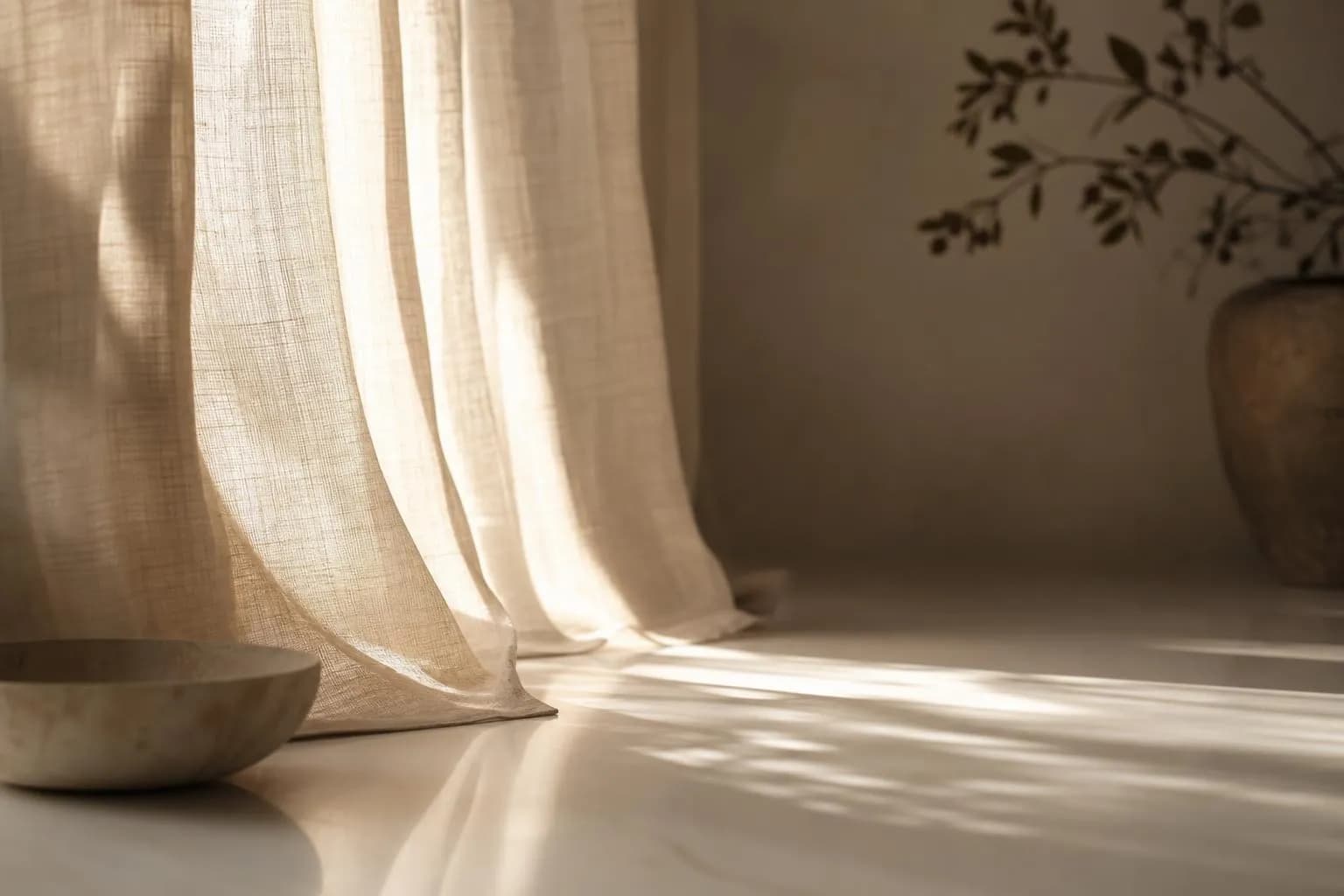 Warm sunlight diffusing through sheer curtains, casting layered shadows on white surface.