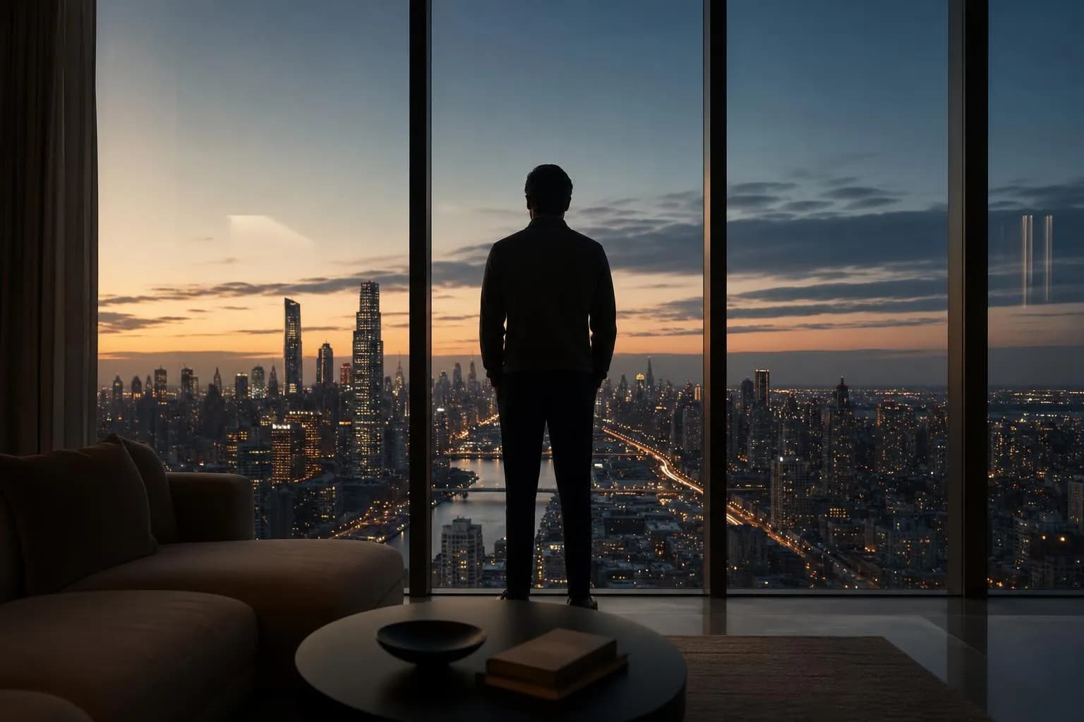 Silhouetted figure gazing out floor-to-ceiling windows at glowing city skyline at dusk.