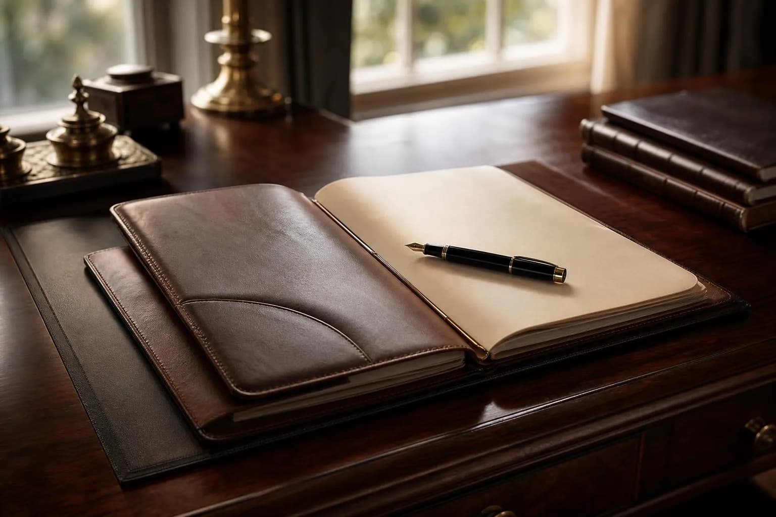 Leather portfolio and fountain pen on mahogany desk, natural light.