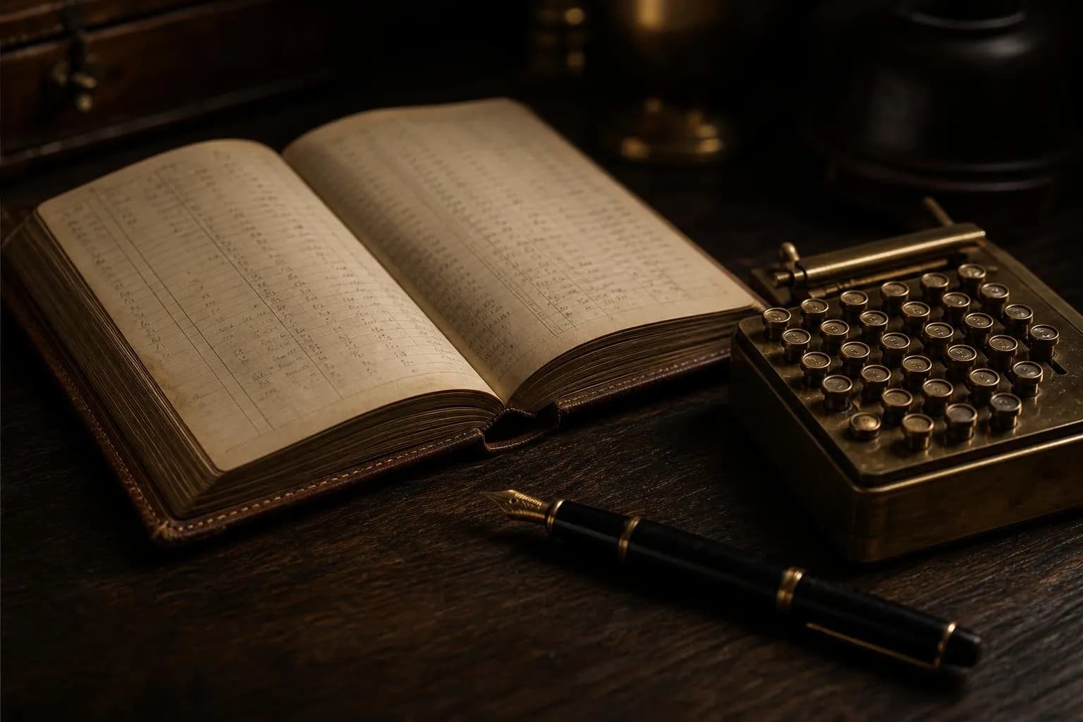Leather ledger, fountain pen, and brass calculator arranged on oak desk in soft directional light.