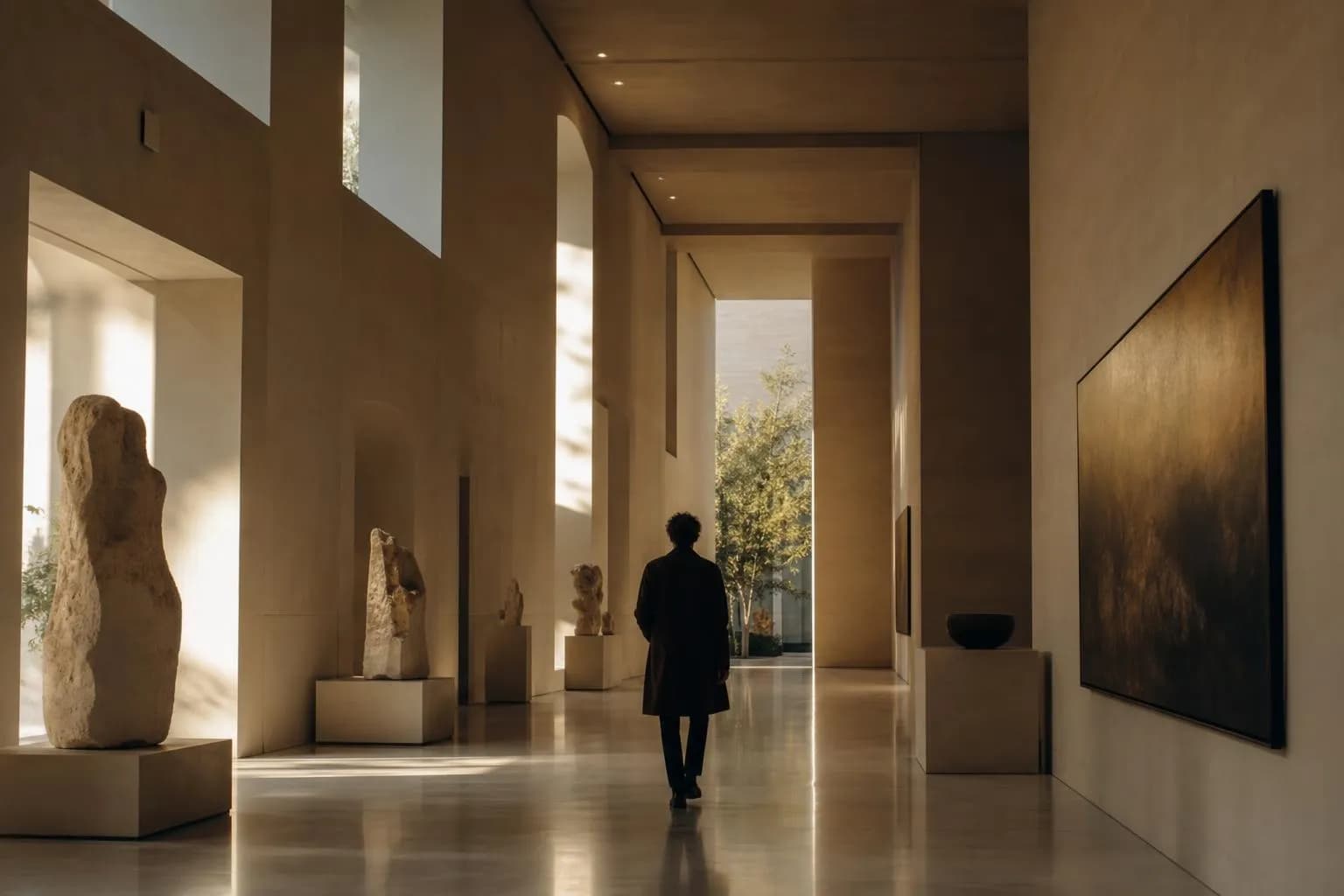 A lone visitor walking through a minimalist museum gallery with tall windows and soft natural light