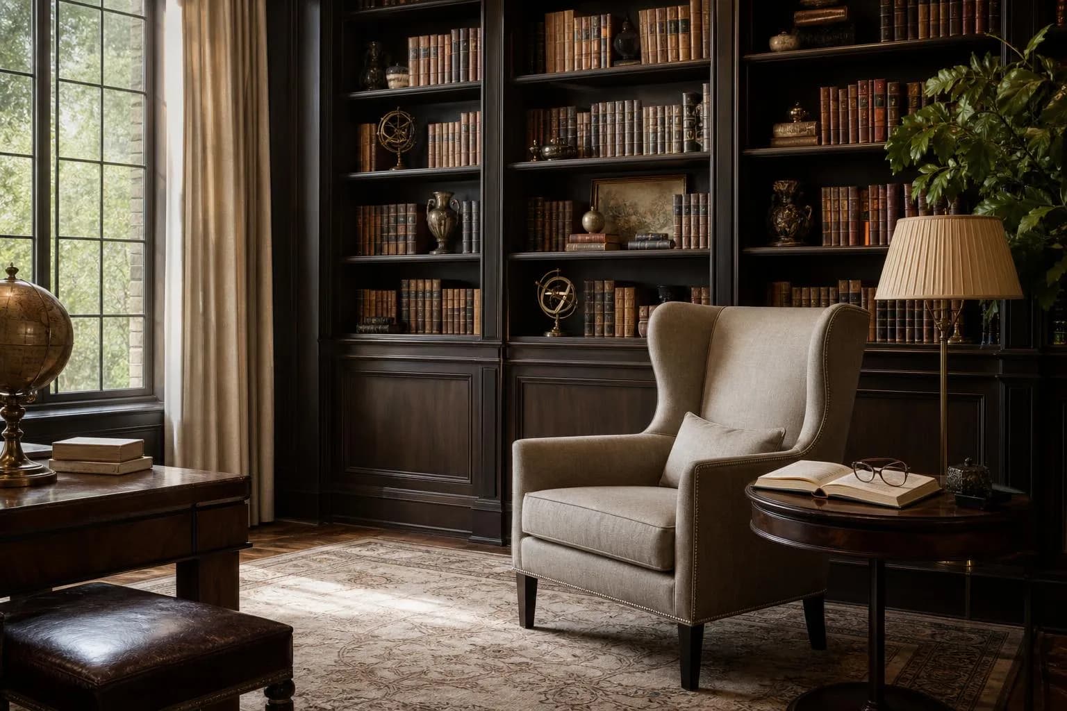Quiet library interior with leather volumes, wingback chair, and soft natural light
