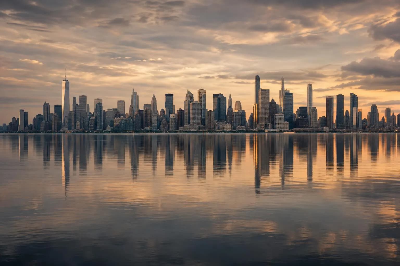 Distant city skyline reflected in calm water at dusk, serene and expansive