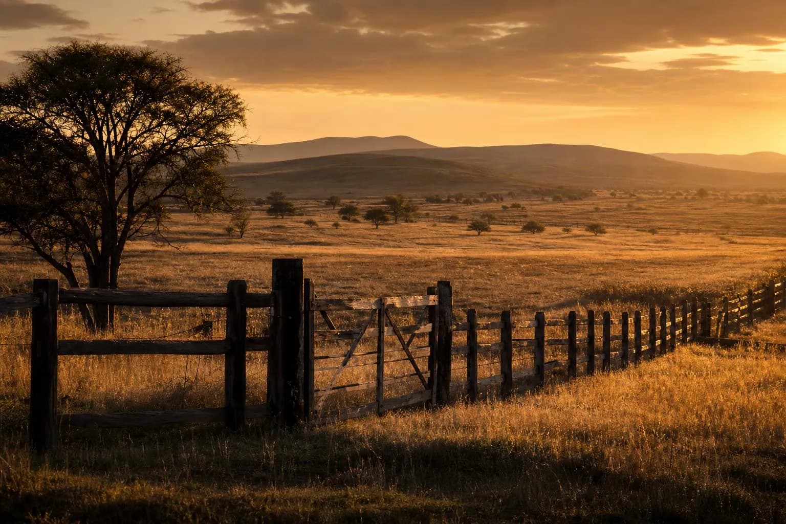 Rolling Argentine countryside at sunset with wooden fencing and scattered trees