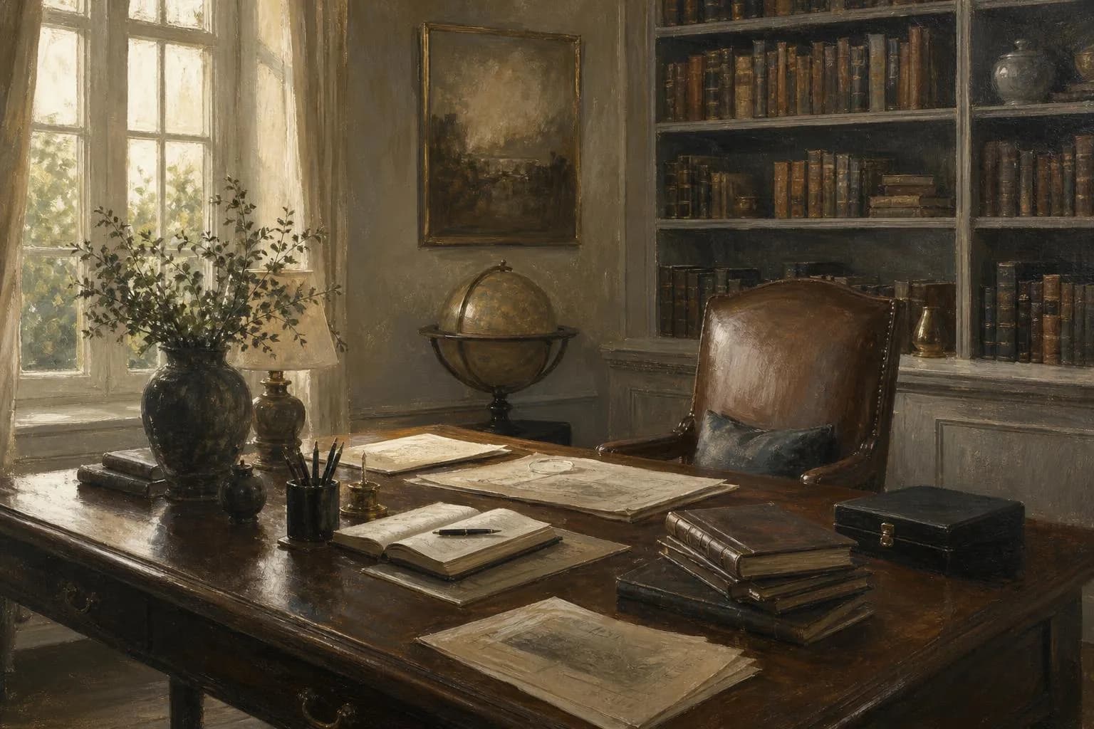 A quiet study with books and papers in soft afternoon light, rendered in muted impressionistic style
