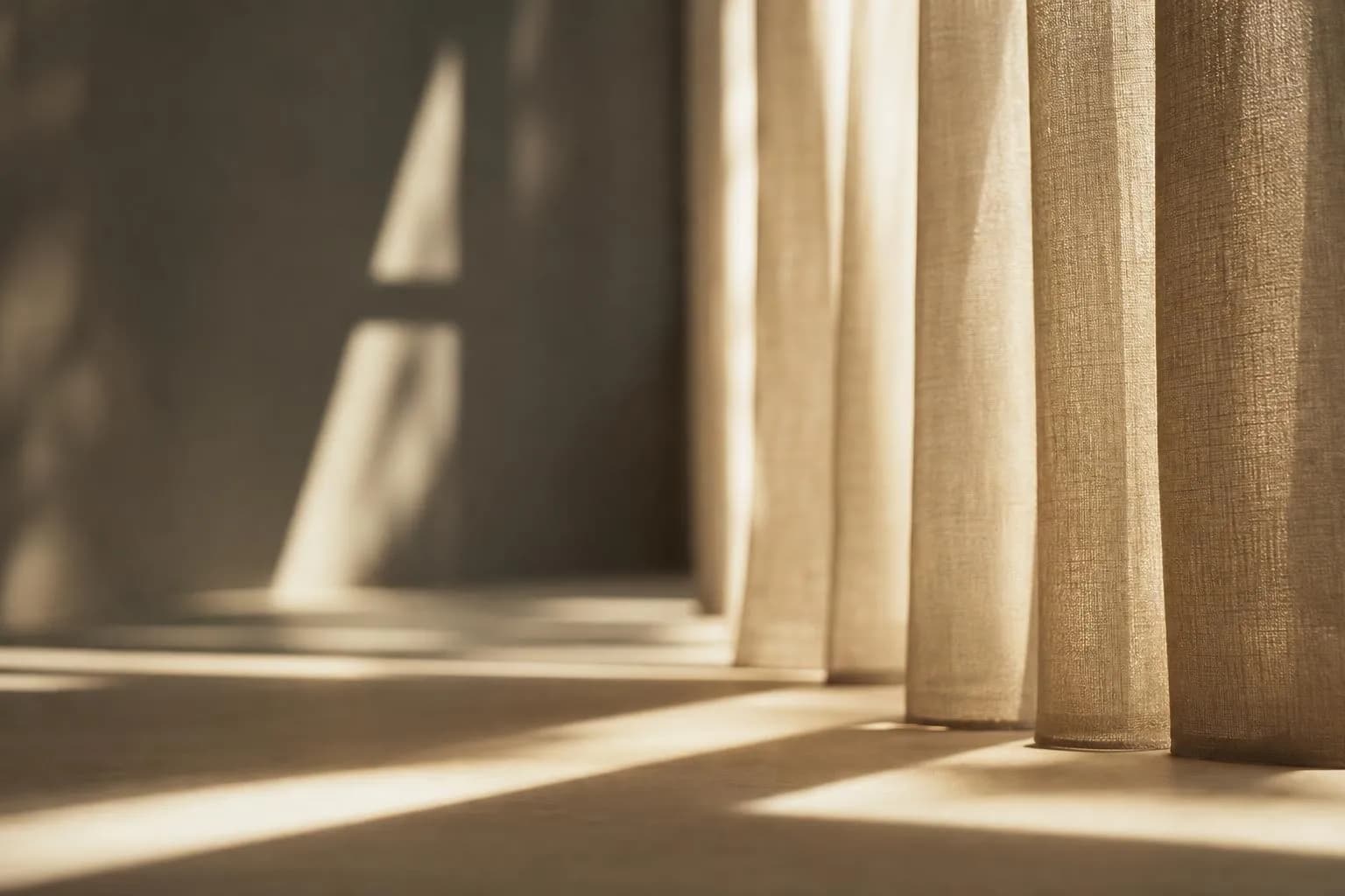 Soft diffused light filtering through sheer curtains, creating subtle geometric shadows on a neutral surface