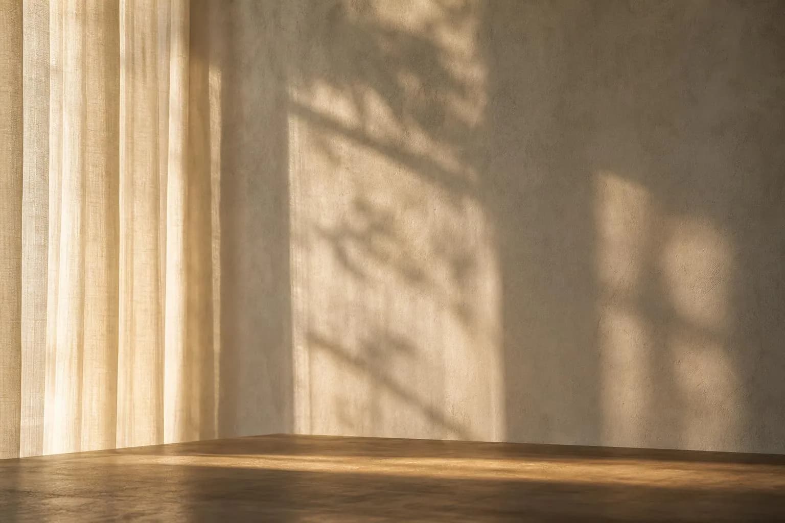 Soft sunlight through sheer curtains casting subtle shadows on a minimalist interior wall