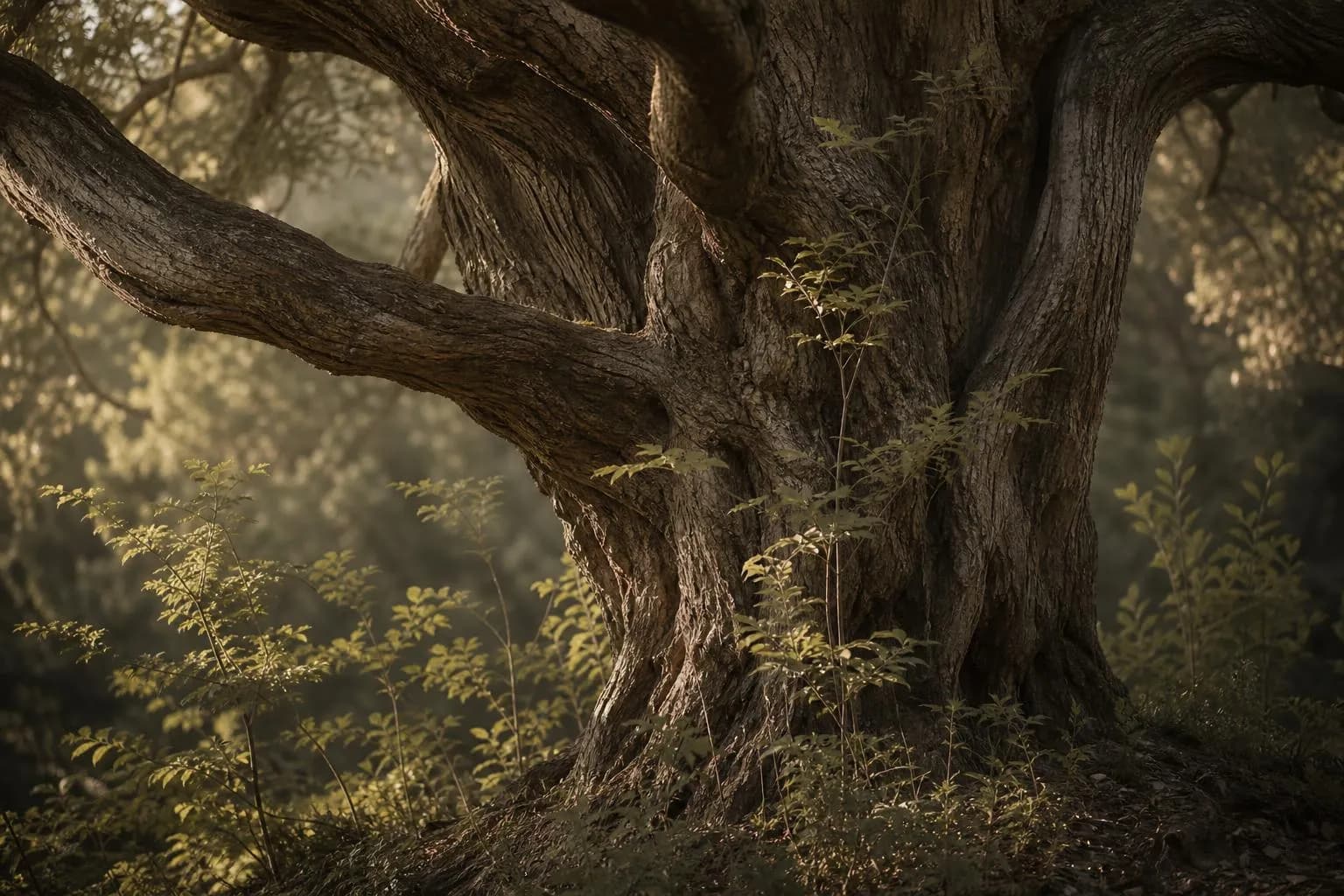 Ancient tree trunk with younger growth at base, symbolizing long-term compounding and generational wealth building.