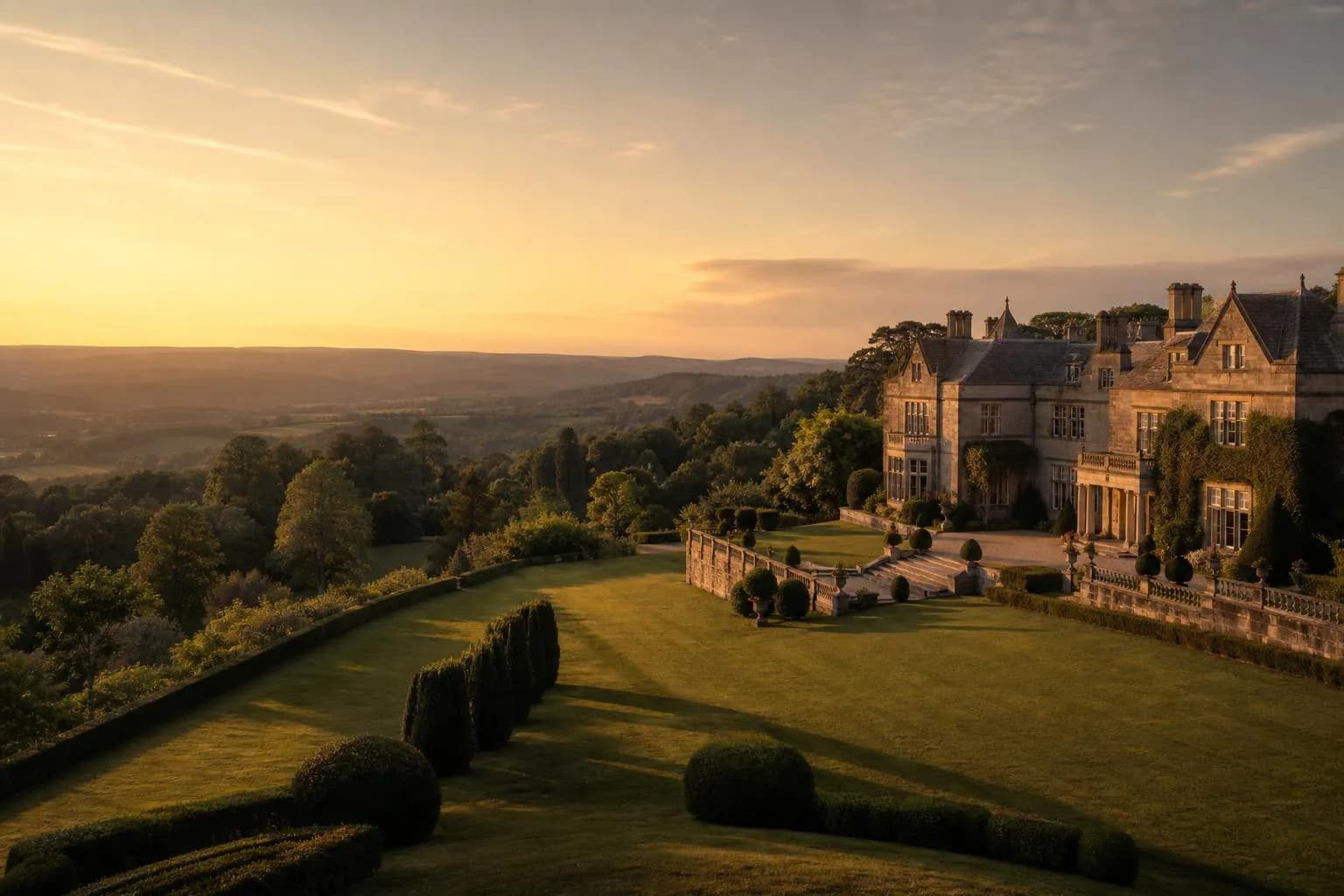 Golden-hour light across rolling private estate grounds, conveying long-term growth and selective cultivation