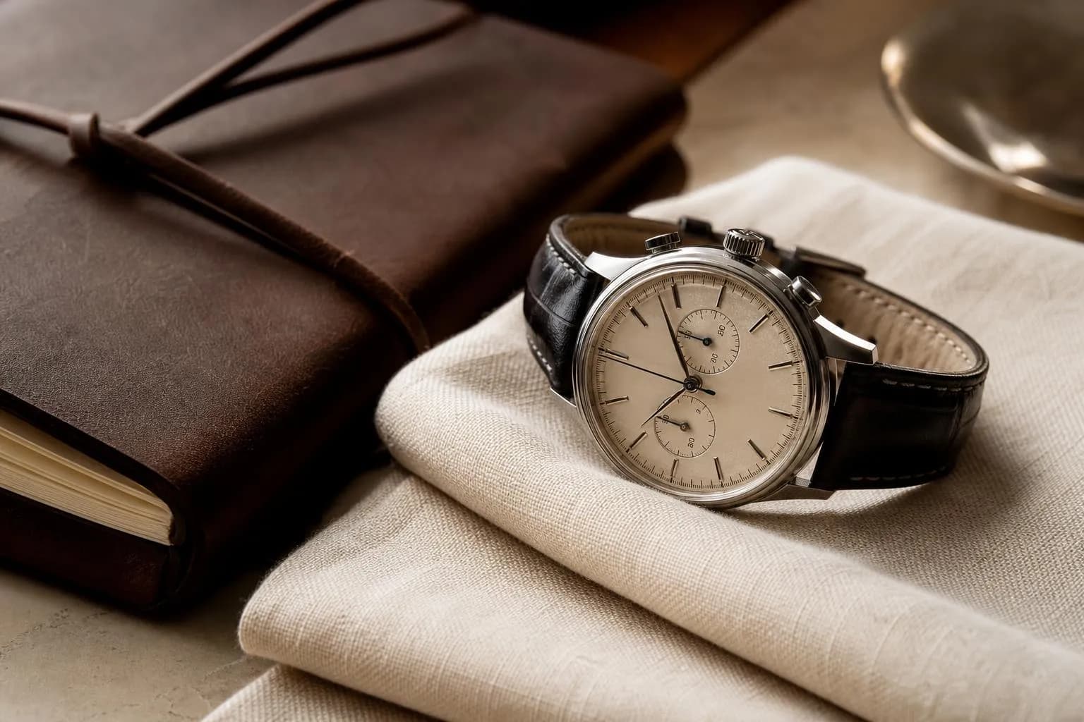 Classic watch and journal on cream linen, symbolizing wealth accumulation and disciplined financial planning over time