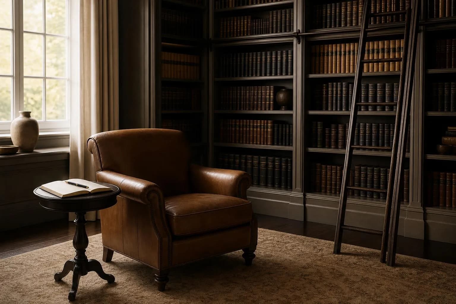 A serene private library corner with leather-bound books, reading chair, and afternoon light.