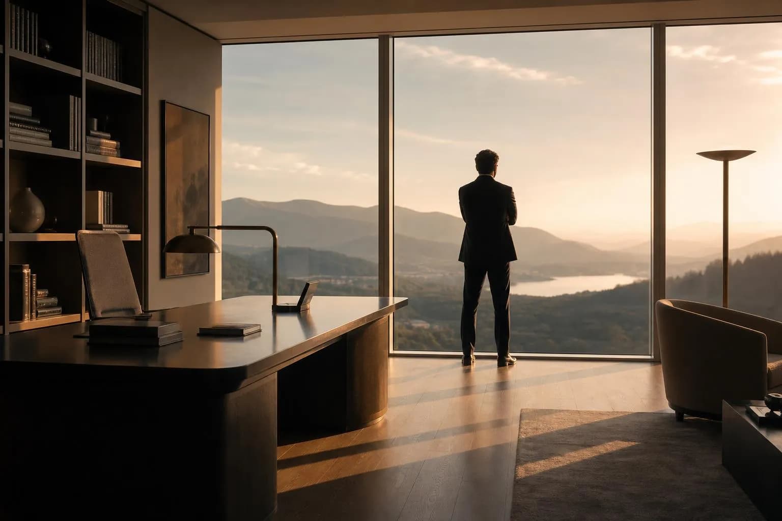 Silhouette of a figure by a bright window, sunlit study with wood floors, contemplative stance.