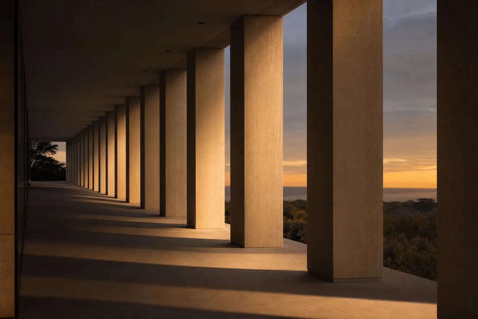 Modernist concrete colonnade with geometric shadows at golden hour.