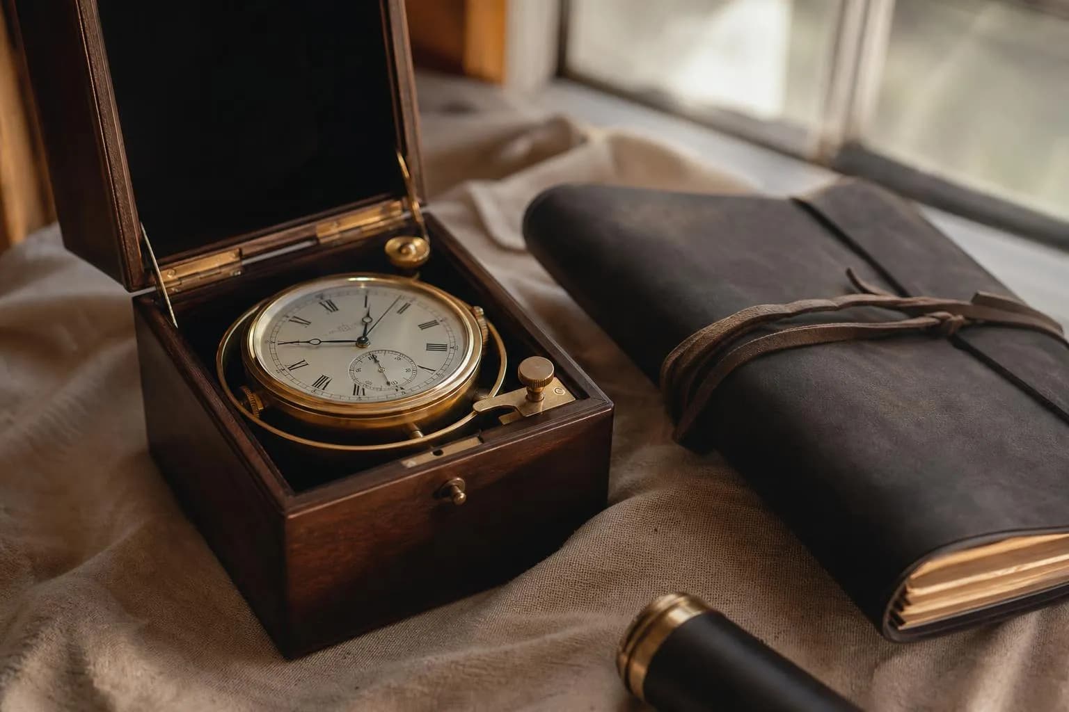 A nautical chronometer and leather portfolio on linen, bathed in soft natural light.