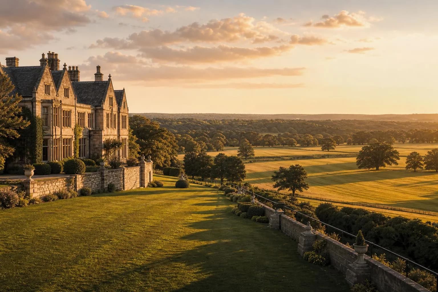 Sunlit private estate grounds at golden hour, rolling landscape at dusk