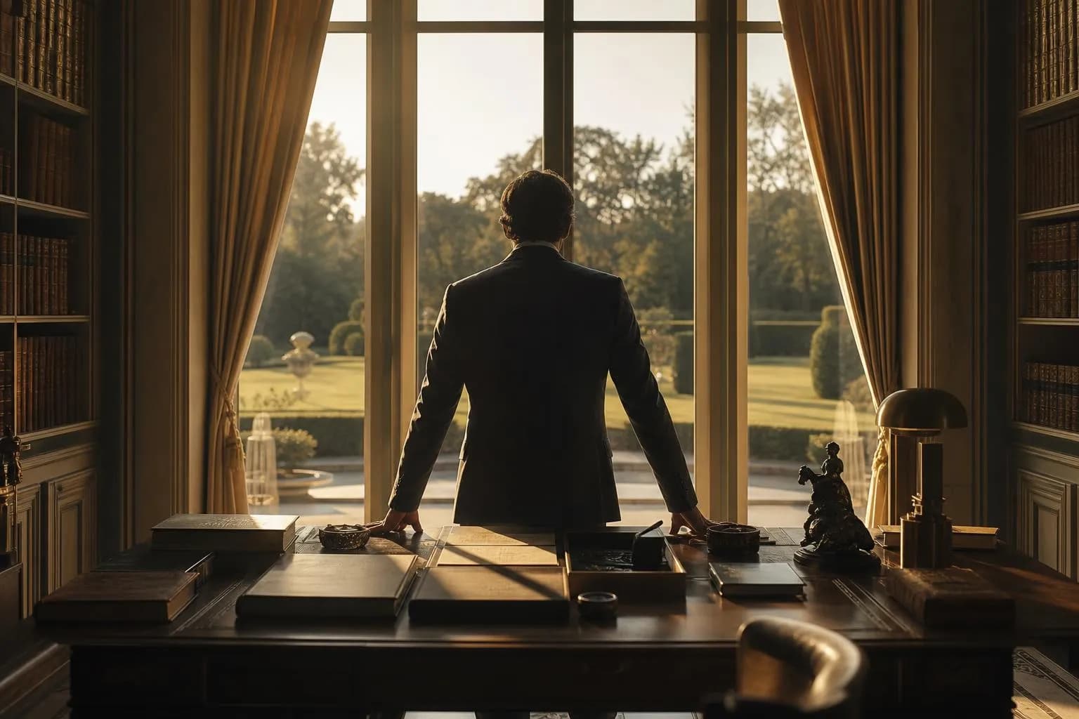 Figure at desk in sunlit study, hands resting on documents, gazing toward windows and grounds beyond.