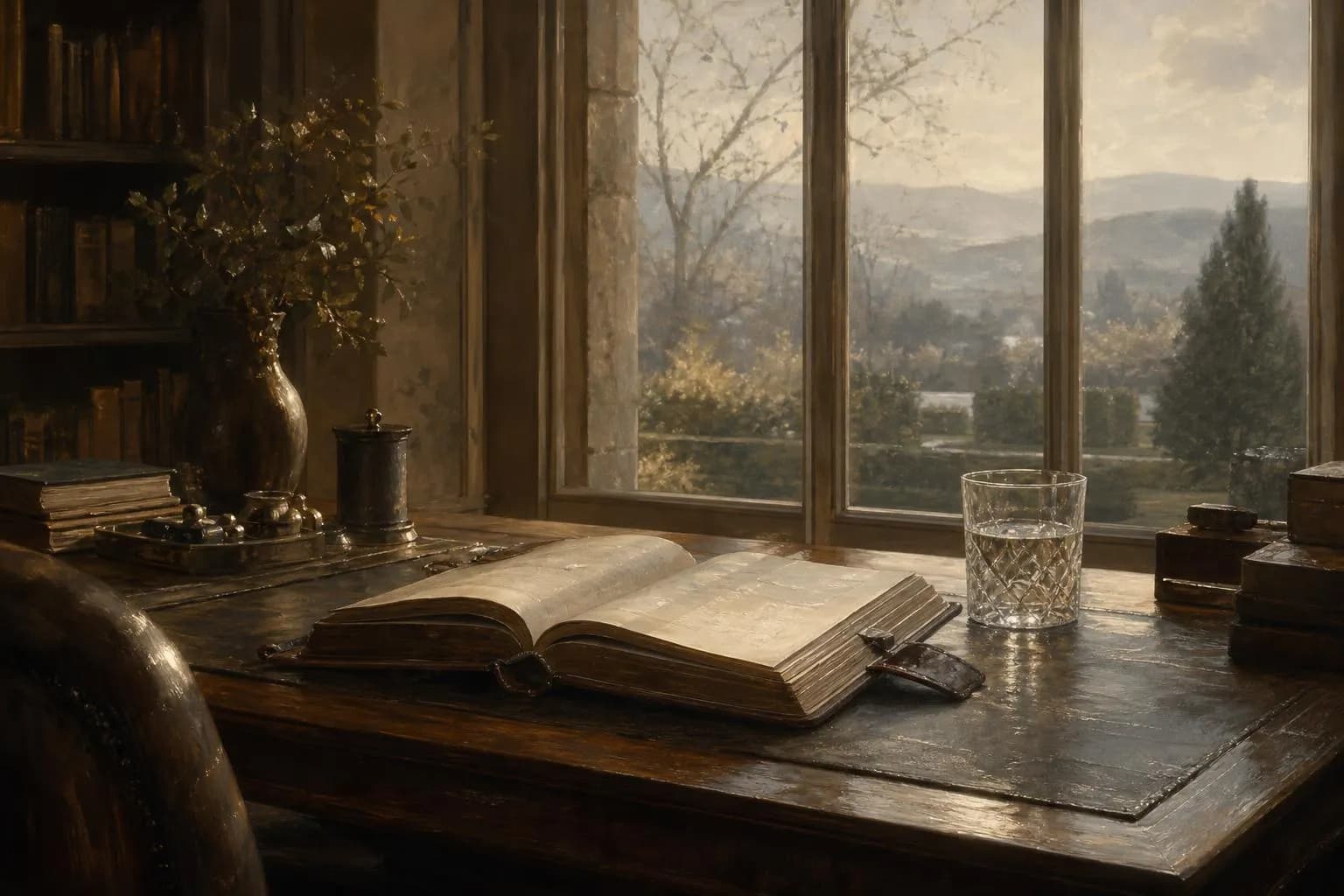 Soft-focus study with open ledger and garden view, impressionistic rendering in muted tones