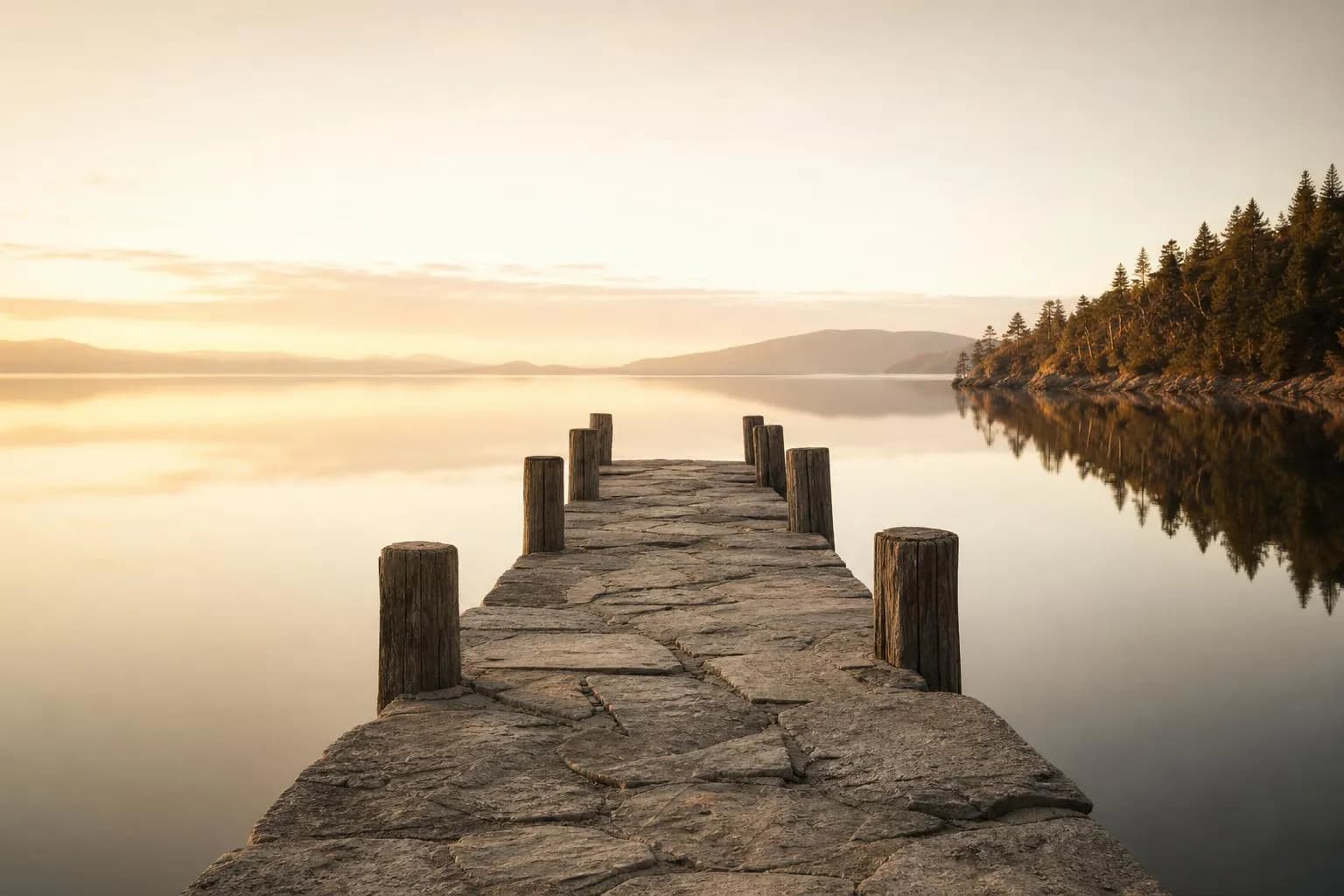 Weathered stone pier extending into a still, misty lake at dawn, evoking stability and careful stewardship.