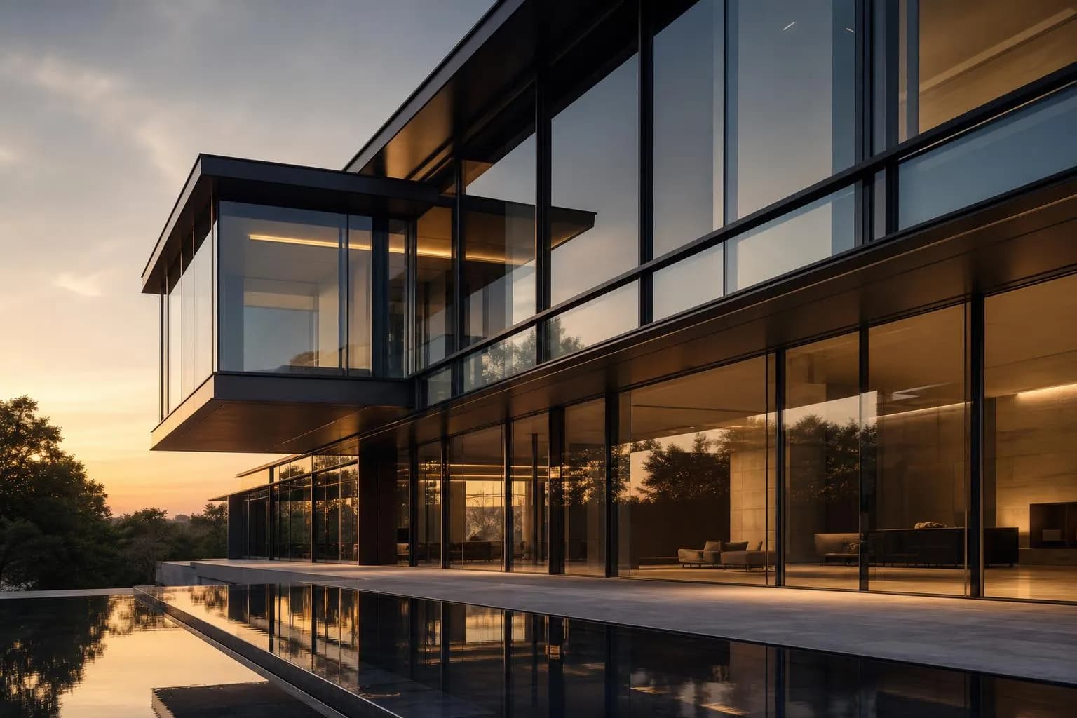 Modernist architecture with clean geometric lines and reflective surfaces at dusk