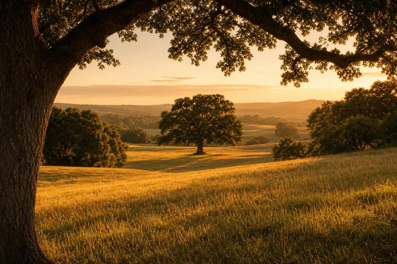 Rolling private estate grounds at golden hour, with a mature oak tree in soft amber light, evoking long-term generational wealth.