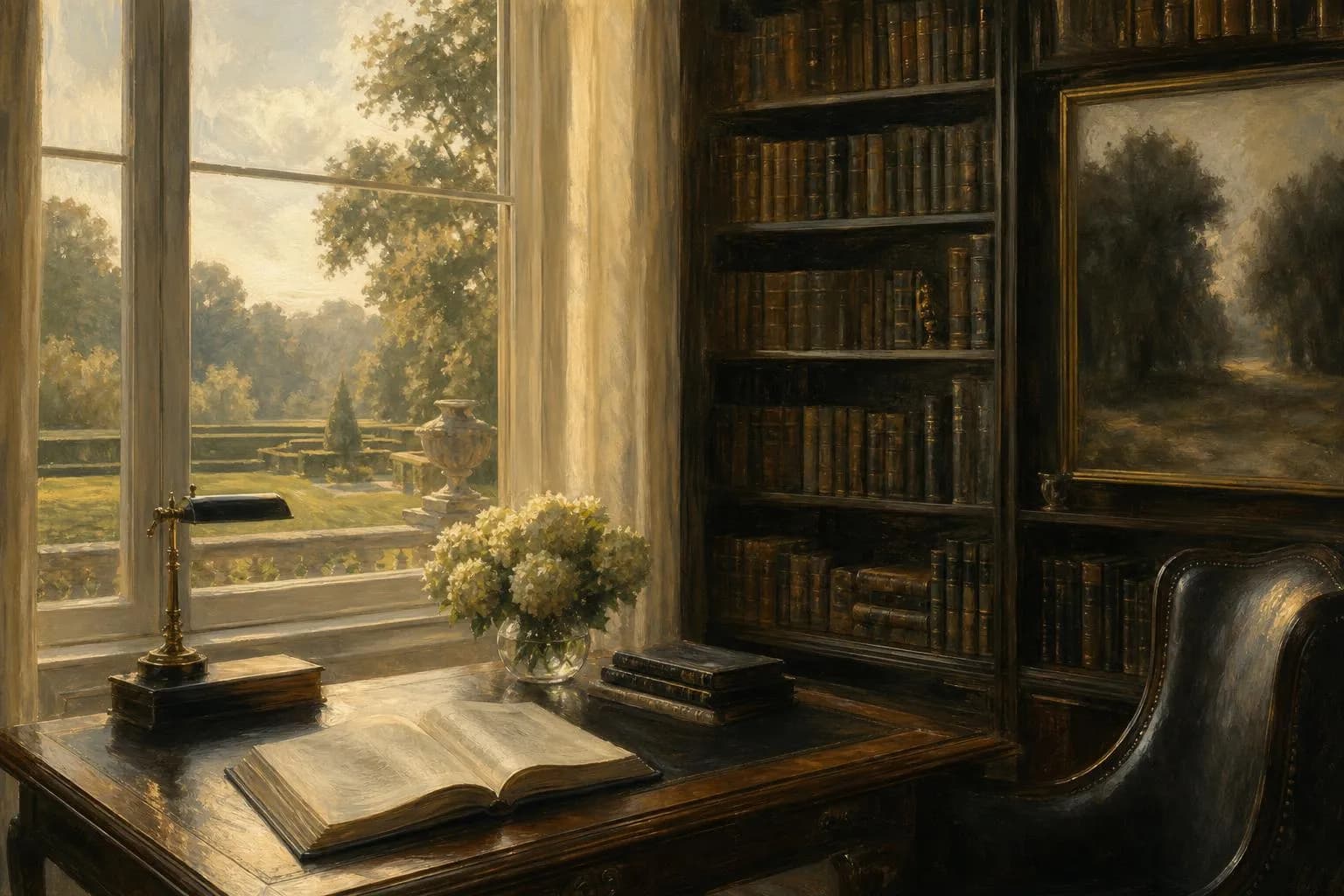 Soft-lit study with open book, antique desk, and mahogany shelves overlooking a garden