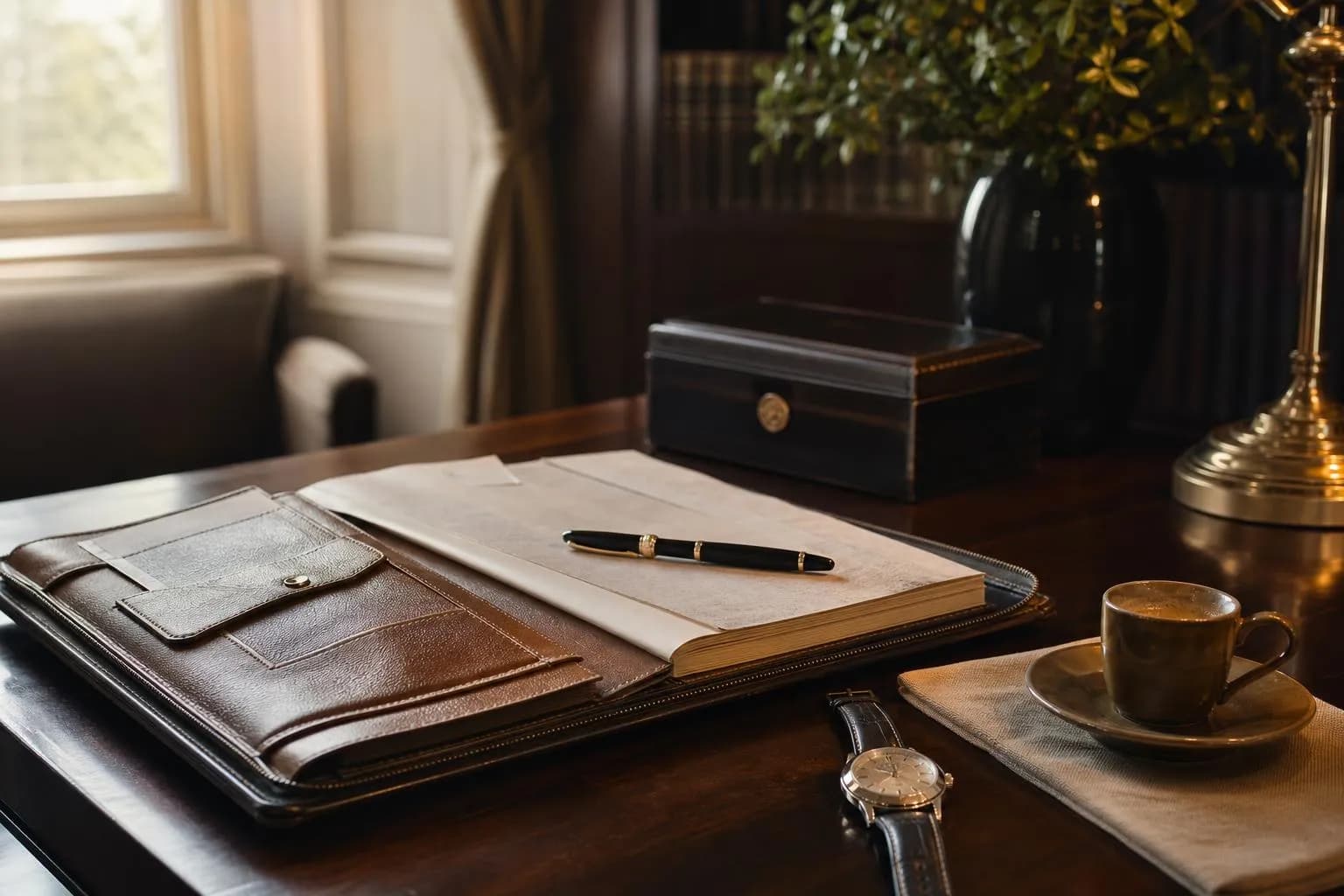 Open leather portfolio on polished desk with timepiece and coffee, soft natural light.