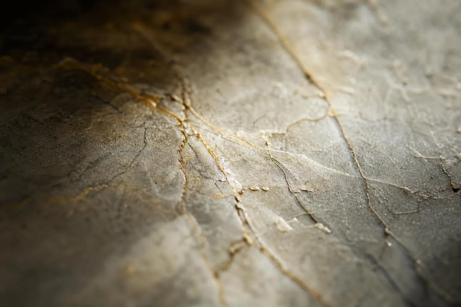 Close-up of veined marble surface with delicate light revealing texture and depth