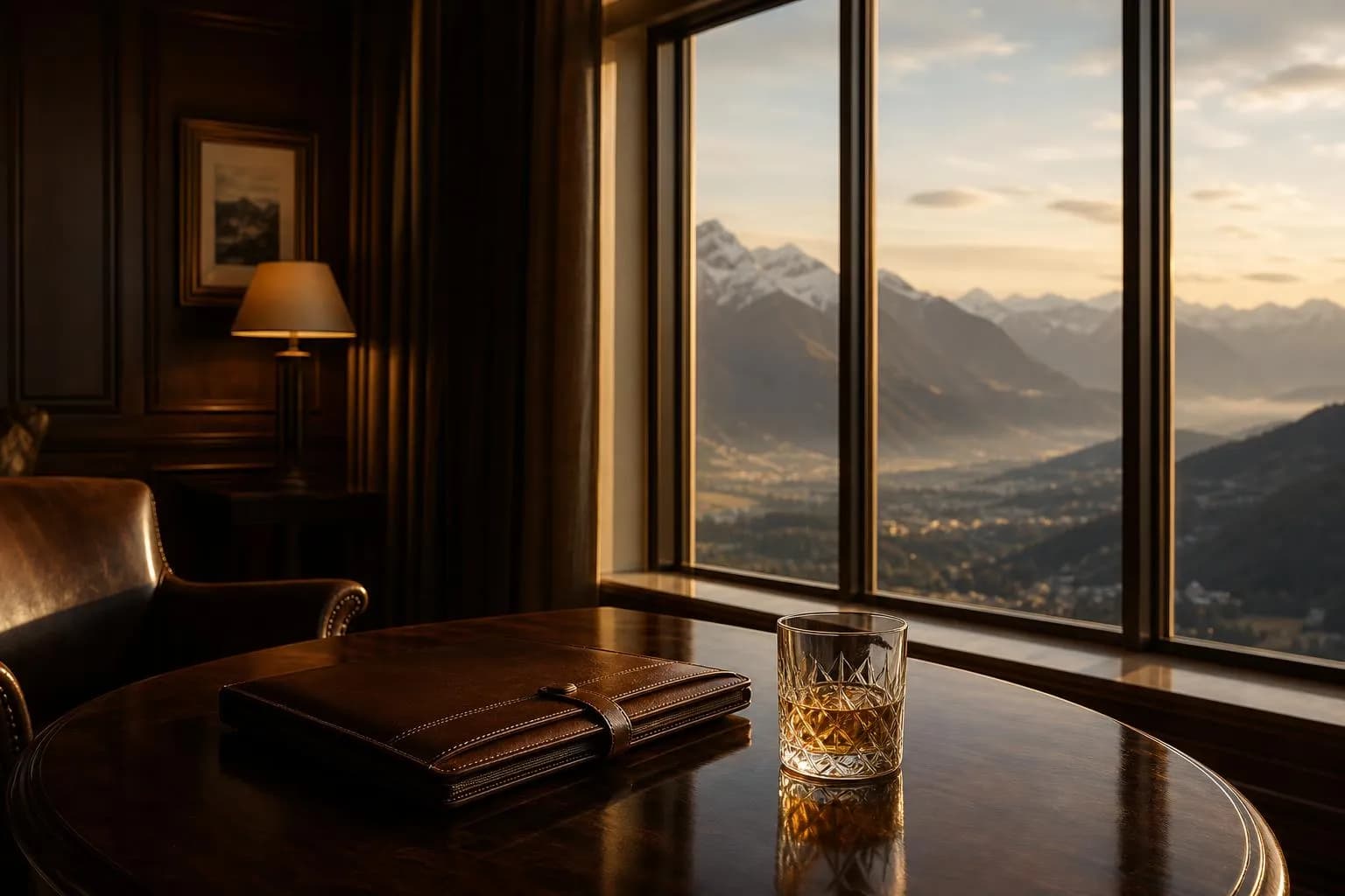 Upscale Alpine retreat interior with mountain views, evoking exclusive wealth management and private access.