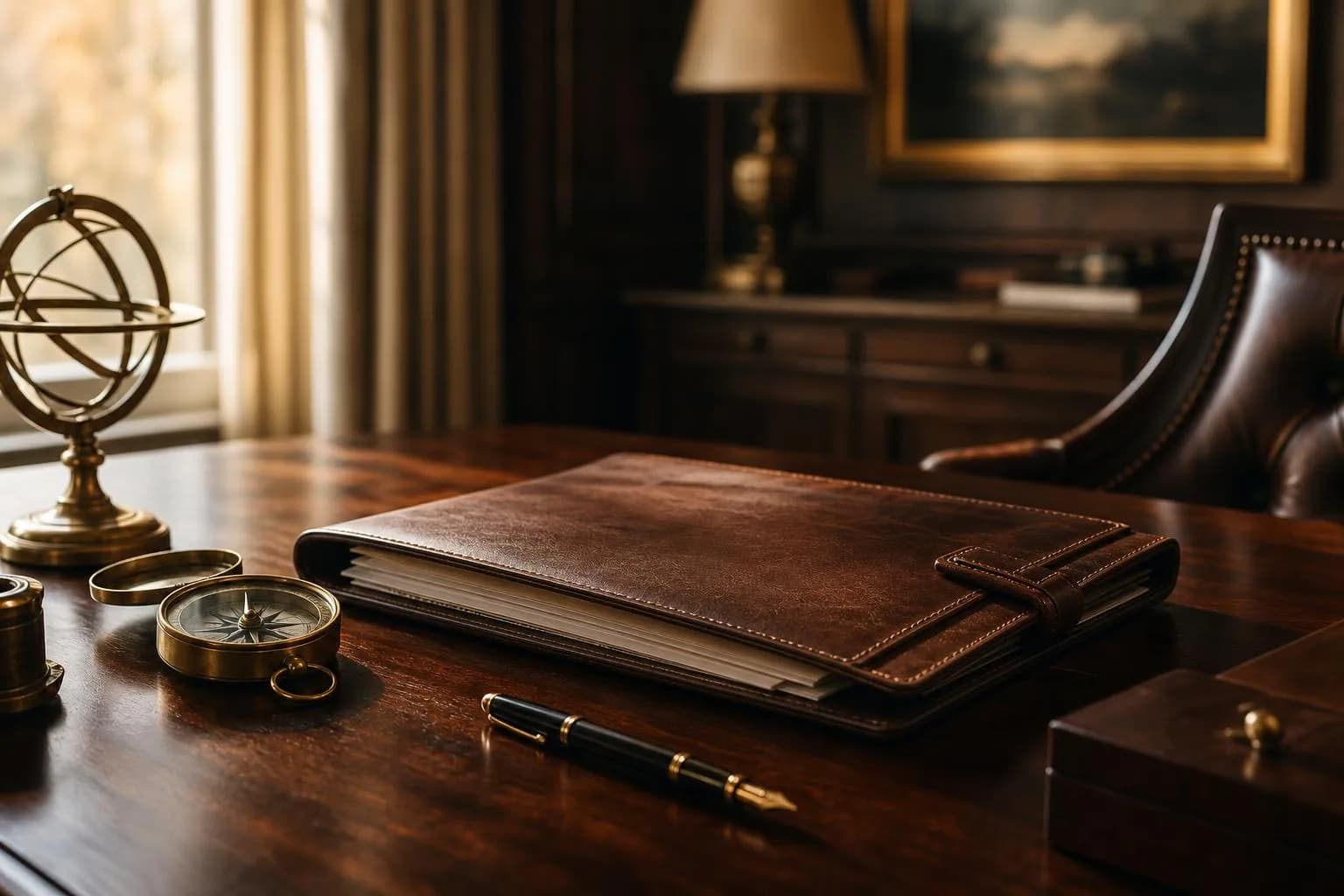 Detail of a mahogany desk with leather portfolio, brass compass, and fountain pen in soft natural light.